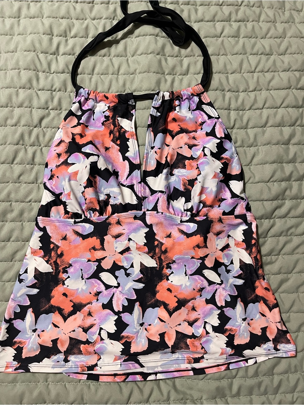 Time and Tru Black Halter Tank with Pink & Lavender Floral Print